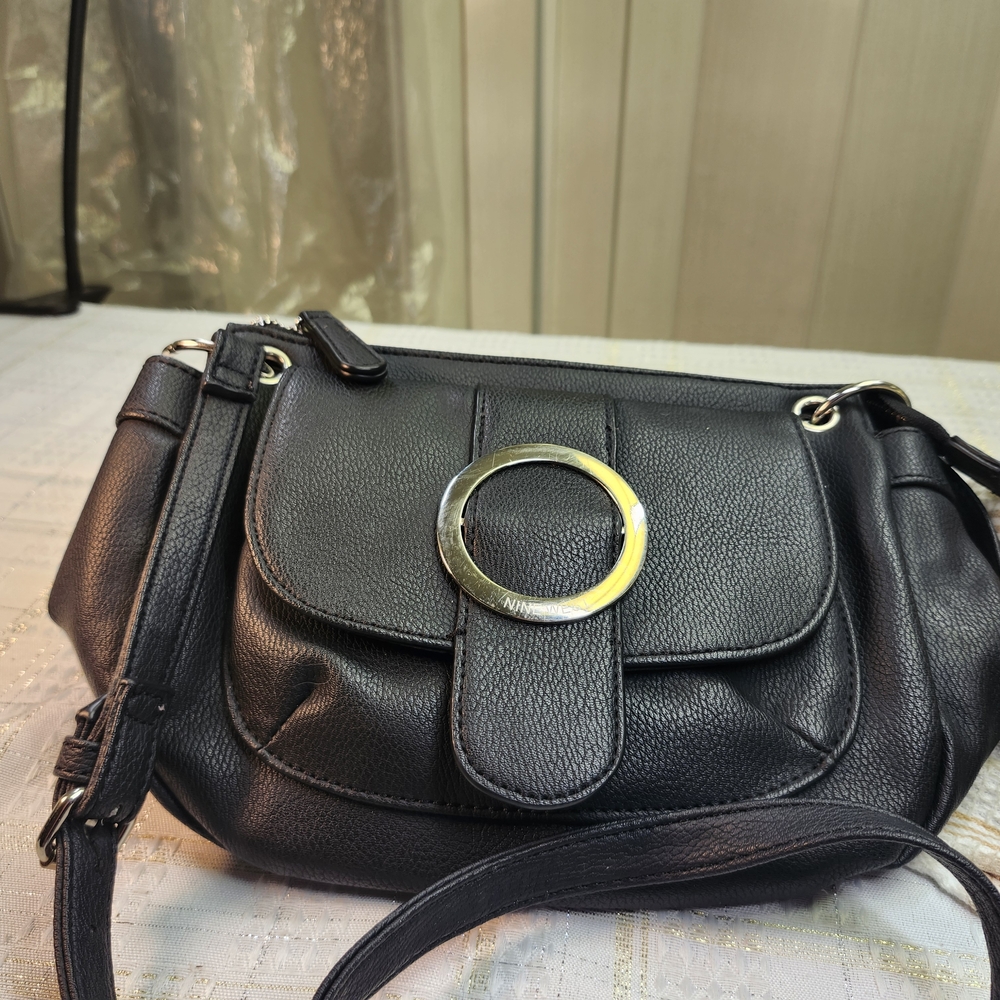 Black Leather Crossbody Backpack Purse with Gold Ring Accent